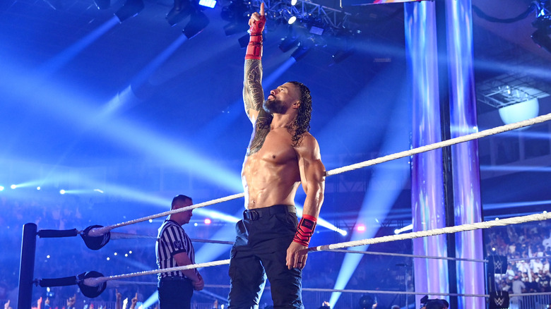 Roman Reigns signals to the crowd during Crown Jewel at Mohammed Abdo Arena on November 2, 2024 in Riyadh, Saudi Arabia.