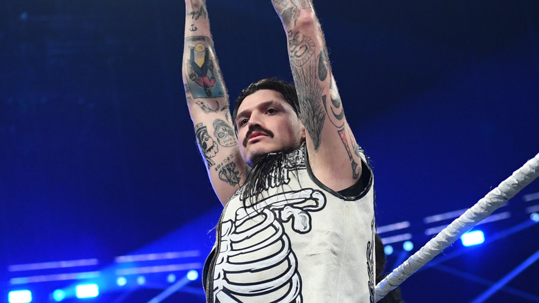 Dominik Mysterio makes his entrance during Monday Night RAW at The O2 Arena on March 31, 2025 in London, England.